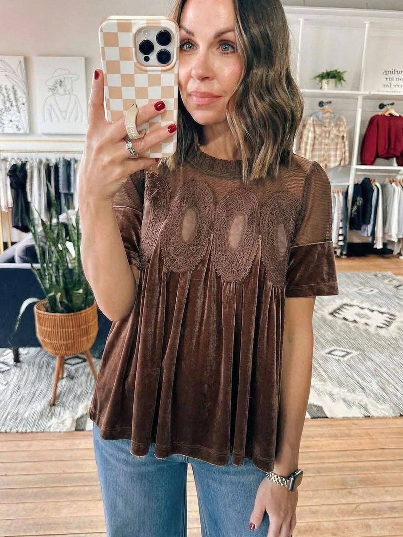 Velvet Top with Lace & Embroidered Trim Gold Velvet Puff Sleeve Blouse