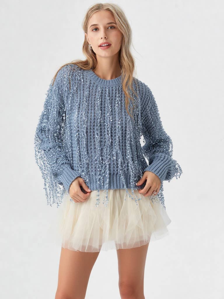 12W2944N-Fringe Detail Holiday Party Knit Sweater Top