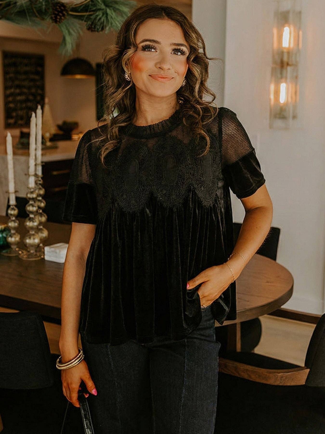 Velvet Top with Lace & Embroidered Trim Gold Velvet Puff Sleeve Blouse