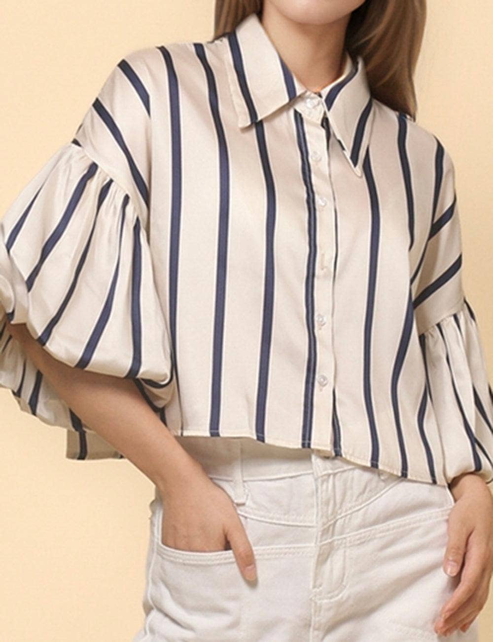 Ladies Lantern Sleeve Striped Short Shirt