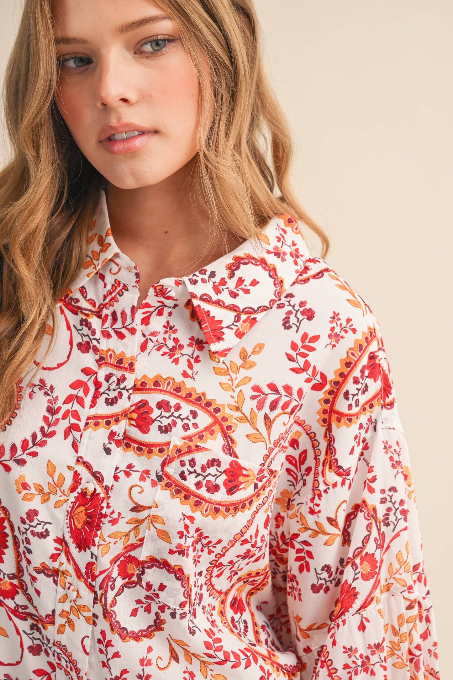 EXCLUSIVE PAISLEY PRINT BUTTON DOWN BUBBLE SLV TOP MTP4568