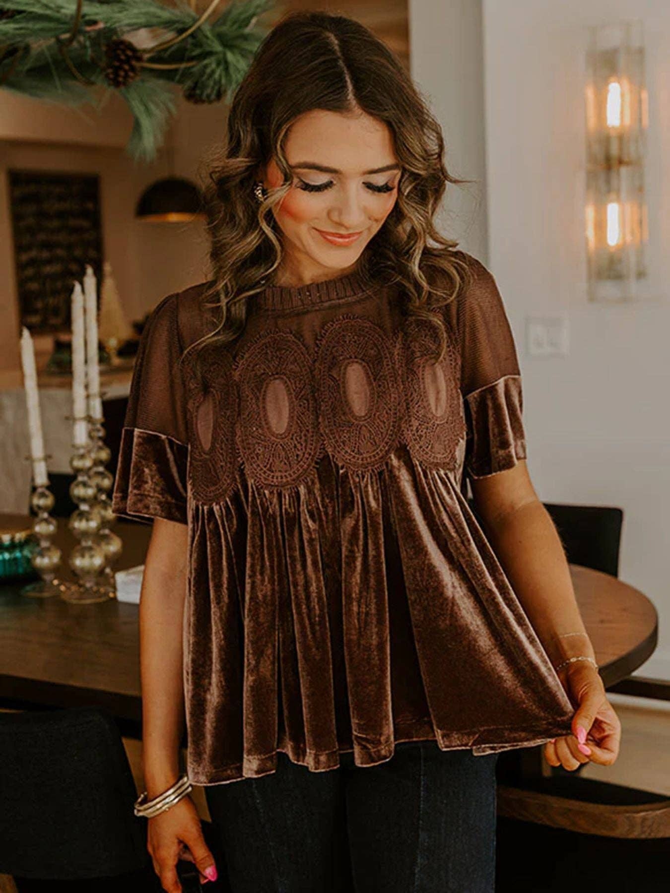Velvet Top with Lace & Embroidered Trim Gold Velvet Puff Sleeve Blouse