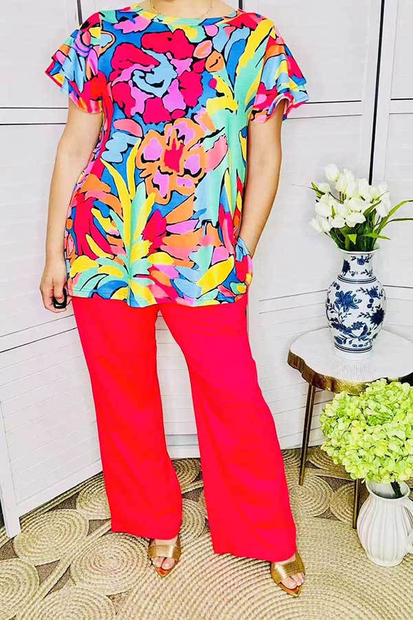 Floral printed top & pink straight women's set XCH15734