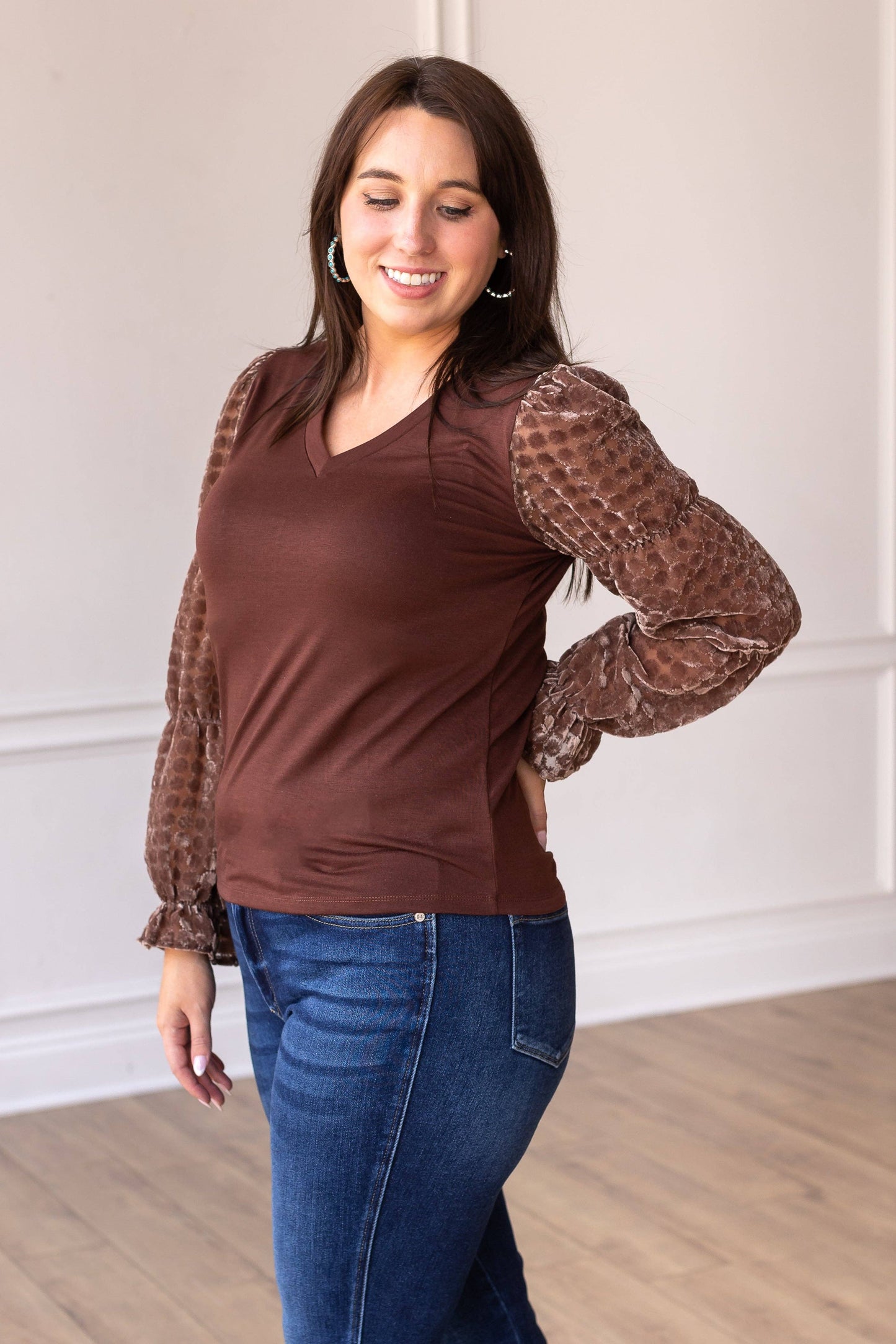 Brown Top With Burnout Velvet Sleeves