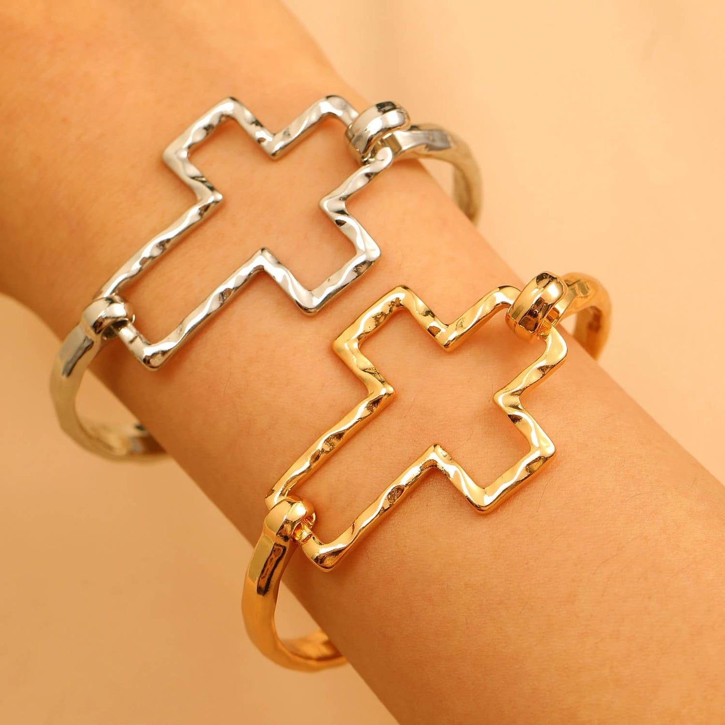 Hammered Open Cross Bangle - Silver or Gold | 40B5235