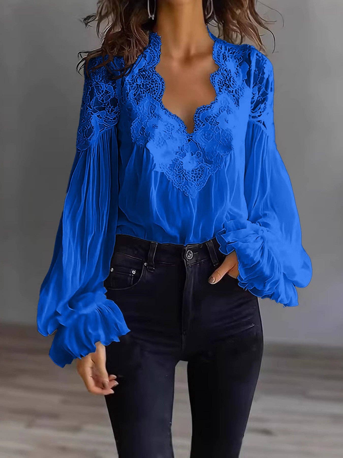Embroidered Lace V Neck Balloon Sleeve Blouse