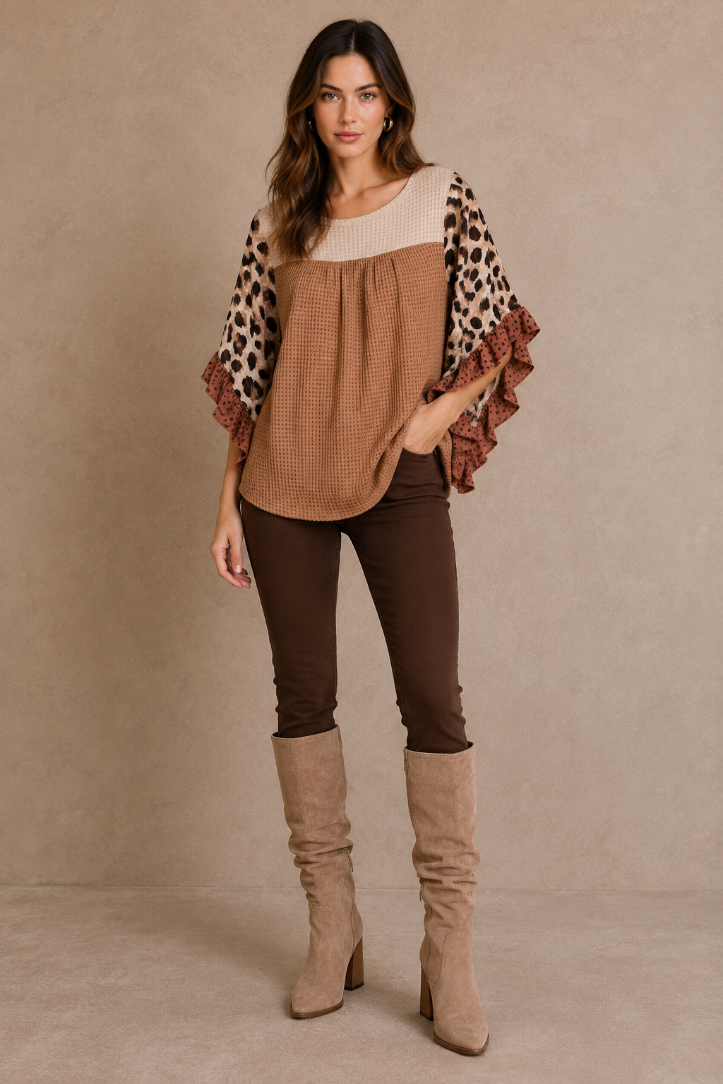 Mixed Media Animal Print Lurex Ruffle Flutter Sleeve  Top