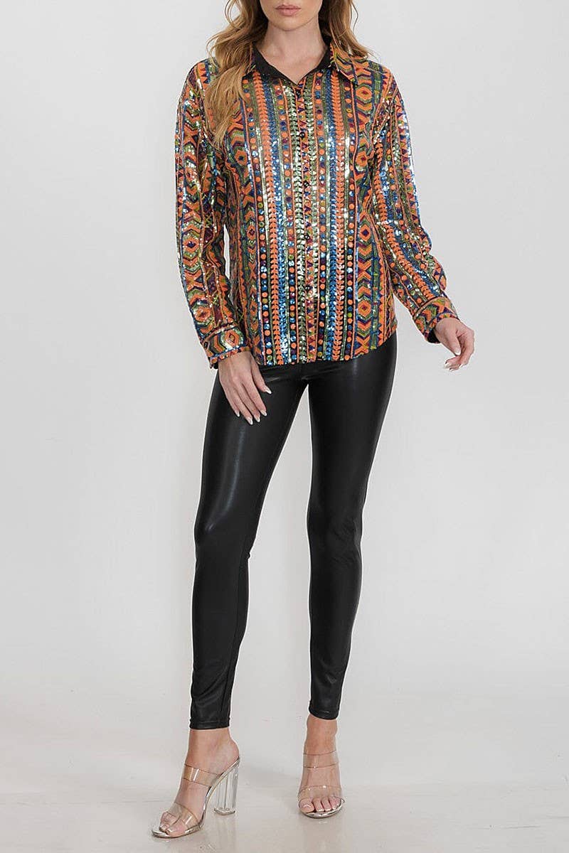 MULTI COLOR SEQUINED BUTTON DOWN SHIRT TOP