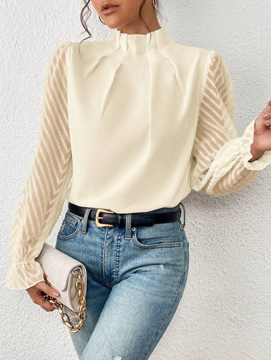 Mock Neck Chiffon Blouse Lace Sleeve Elegant Work Top