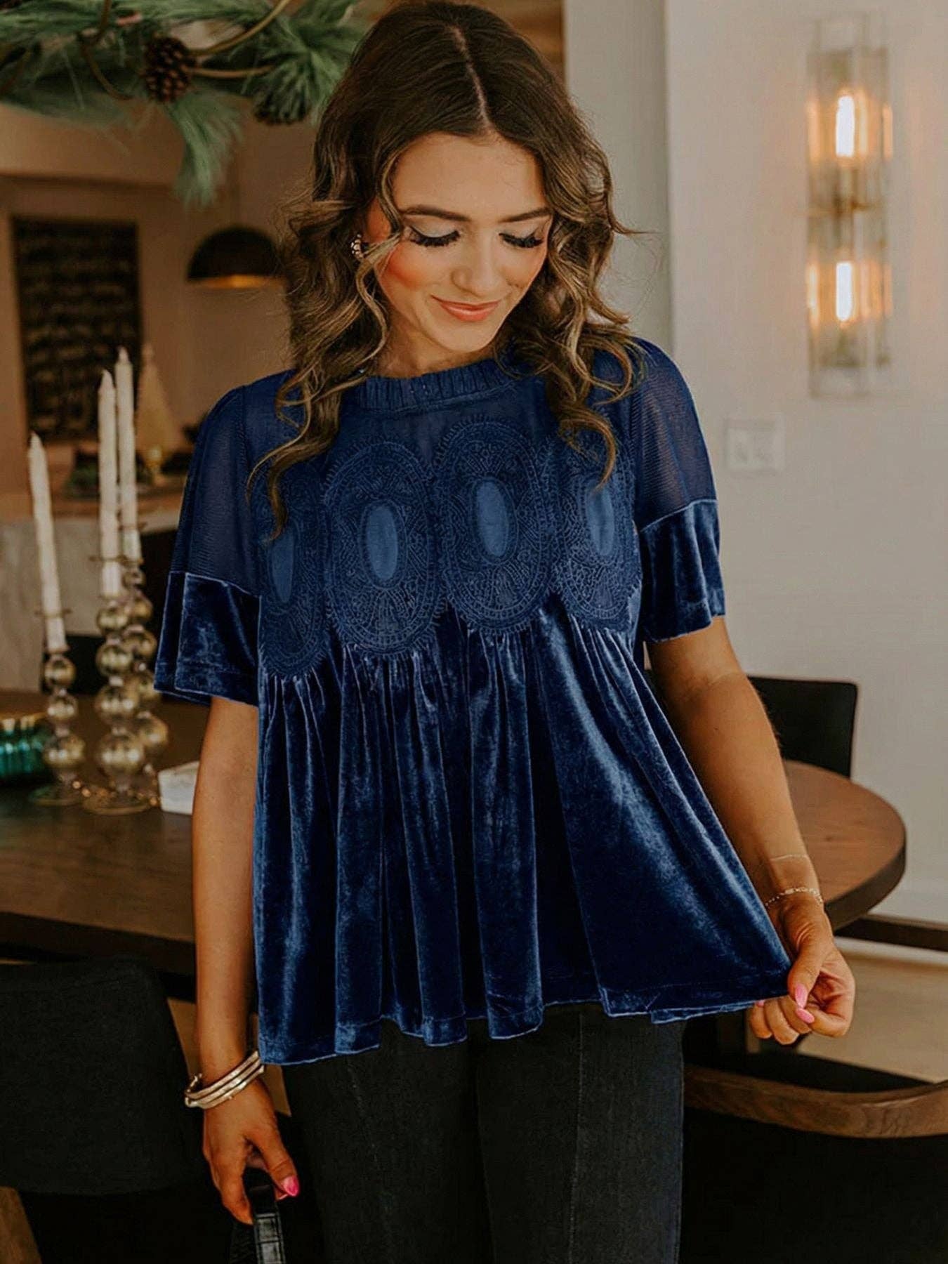Velvet Top with Lace & Embroidered Trim Gold Velvet Puff Sleeve Blouse