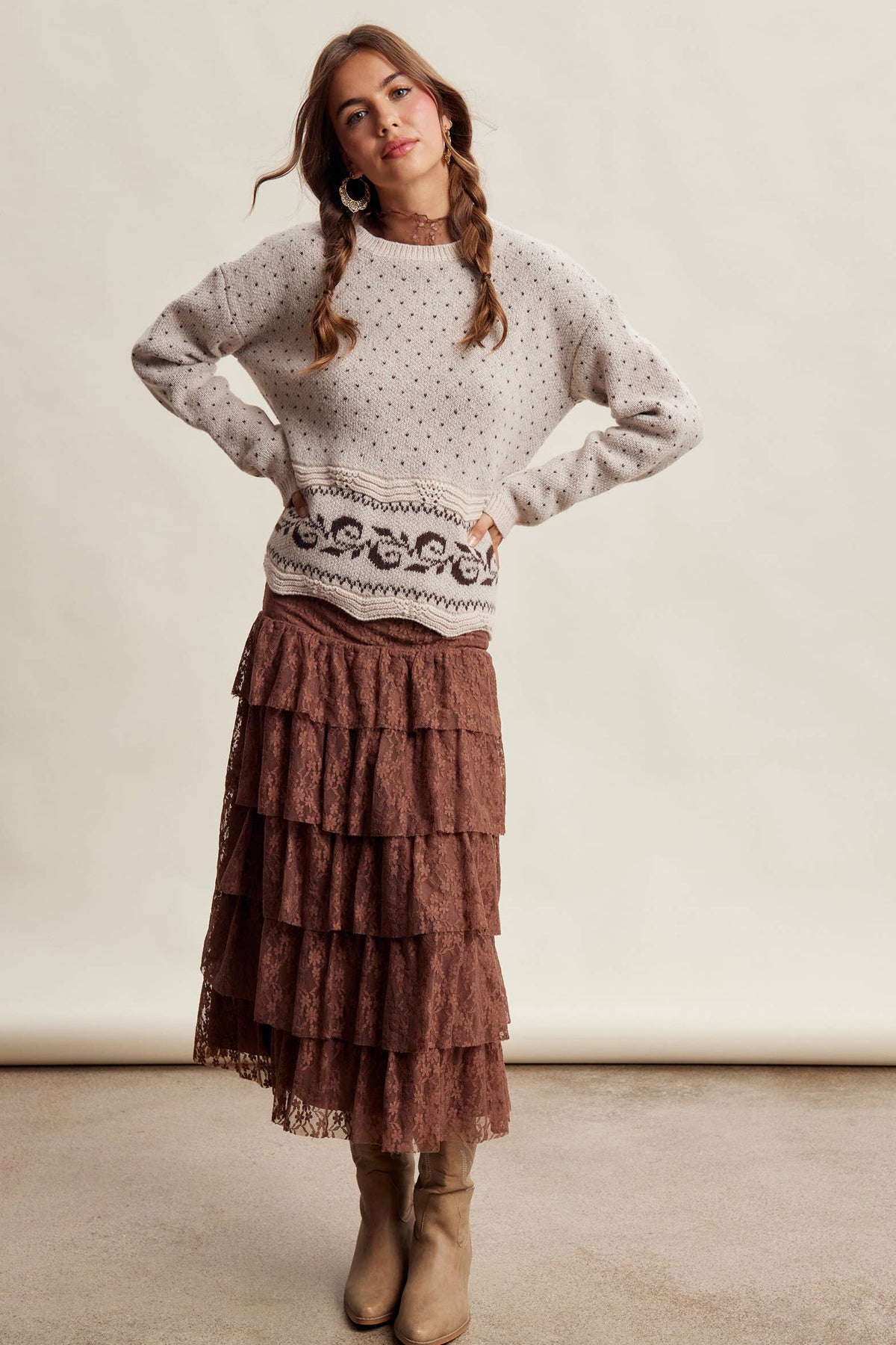 Swiss Dot Border Knit Sweater LSW1092