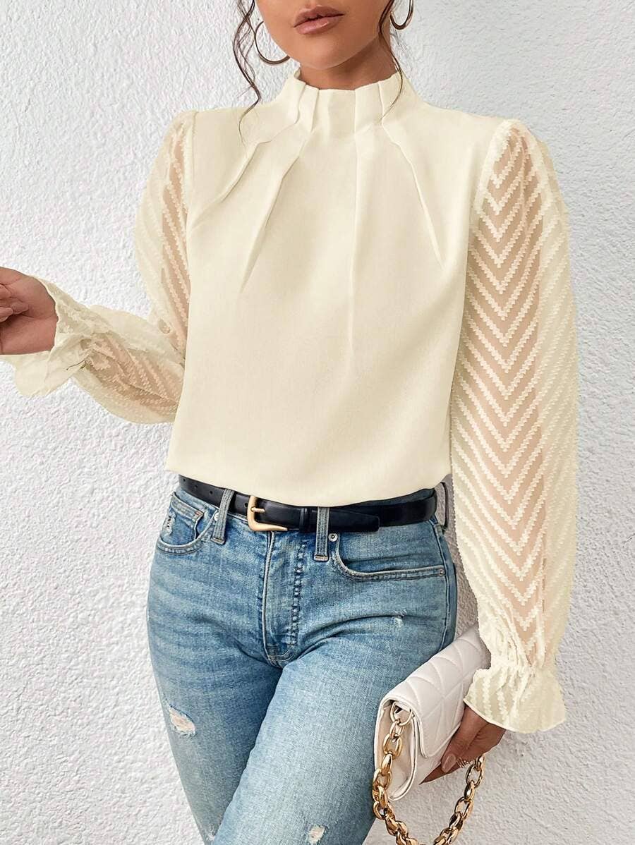 Mock Neck Chiffon Blouse Lace Sleeve Elegant Work Top