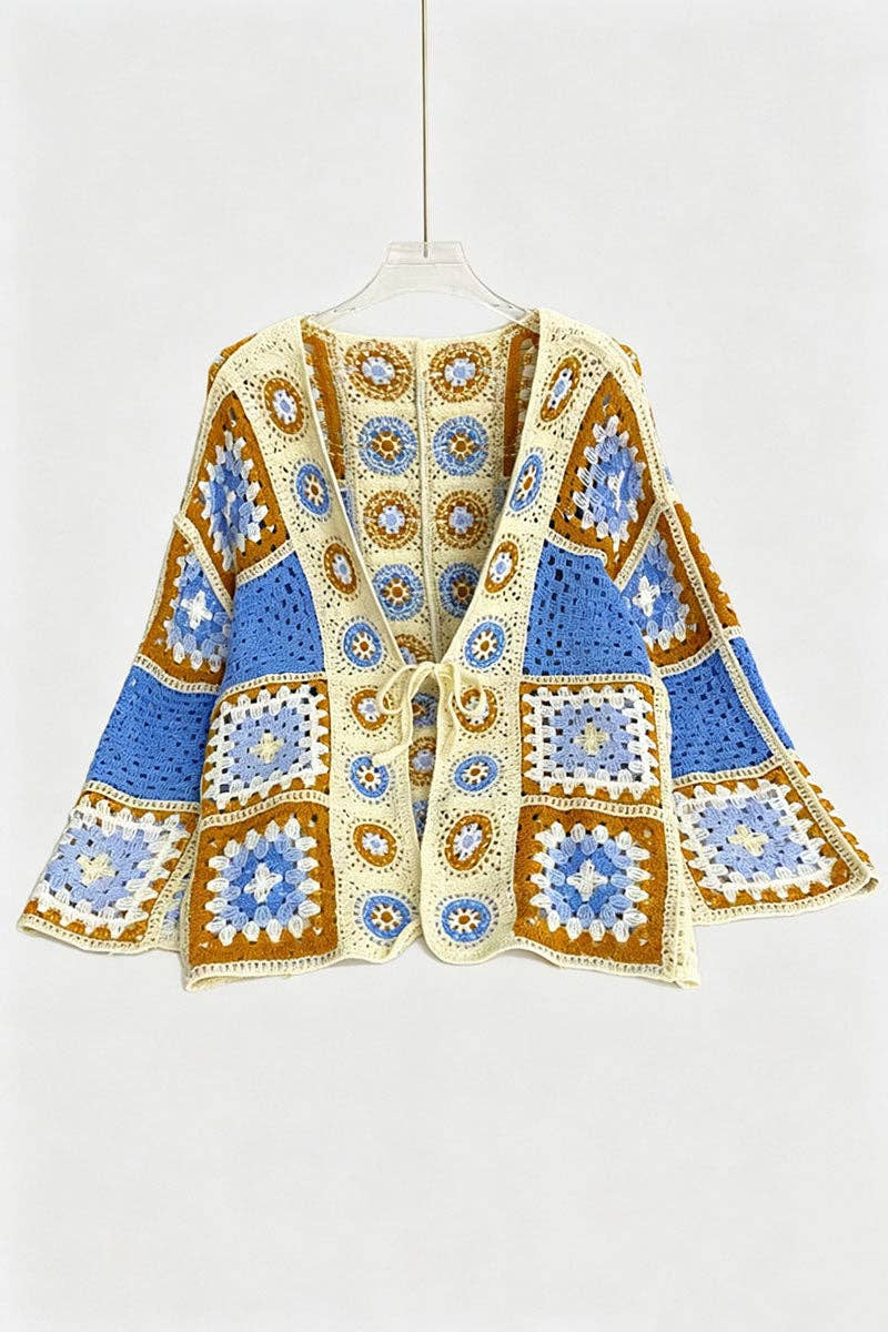 Crochet Patchwork Open Front Bell Sleeve Cardigan