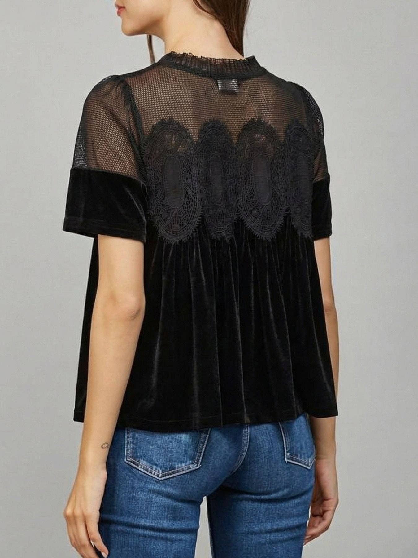 Velvet Top with Lace & Embroidered Trim Gold Velvet Puff Sleeve Blouse