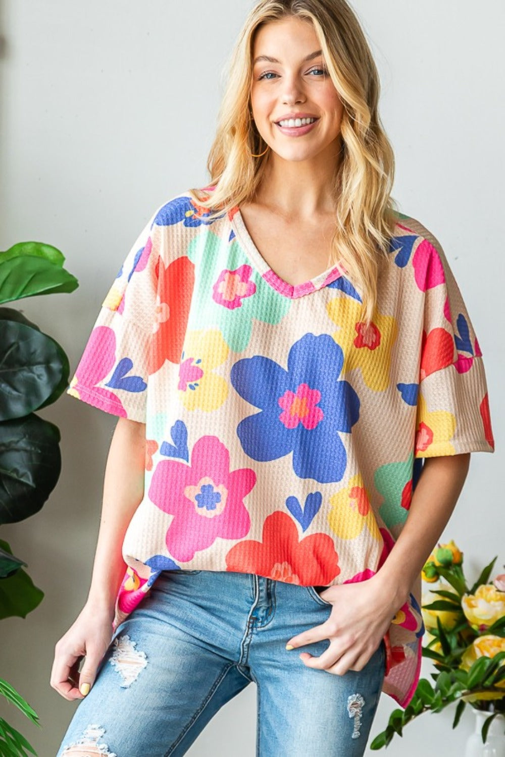 HOPELY Full Size Floral V-Neck Side Slit T-Shirt