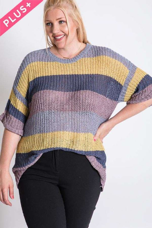 PLUS COLORBLOCK STRIPE THICK COZY KNIT SWEATER