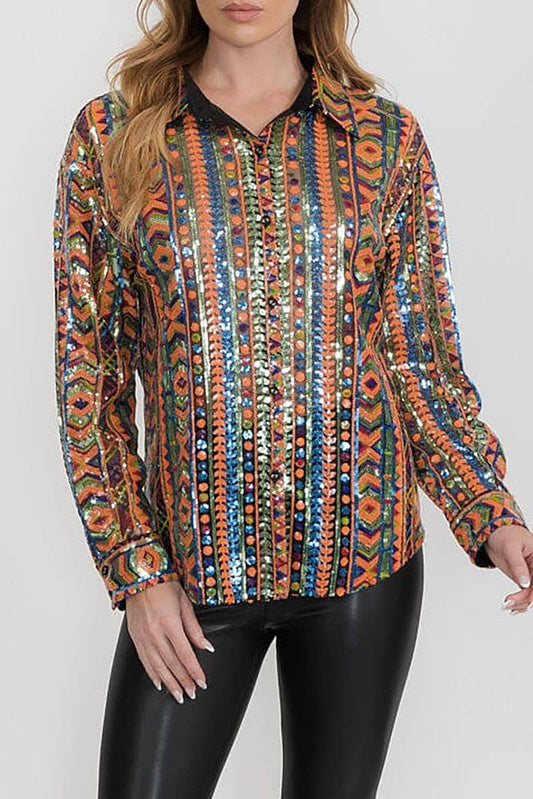 MULTI COLOR SEQUINED BUTTON DOWN SHIRT TOP