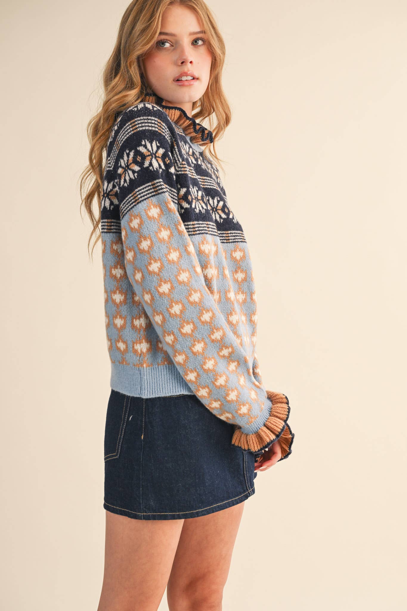 RUFFLED MOCK NECK FAIR ISLE SWEATER MSW10961