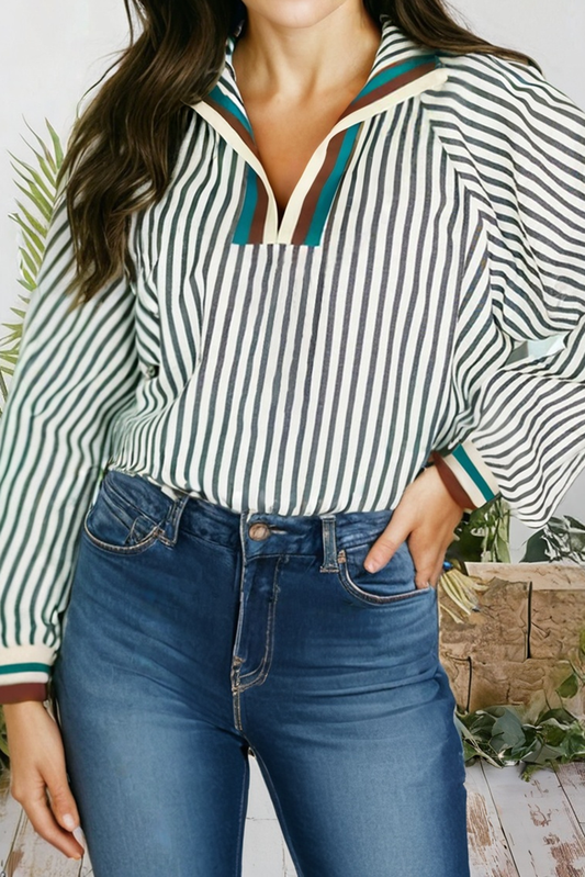Womens Stripe V Neck Raglan Sleeve Blouse (S-XL)