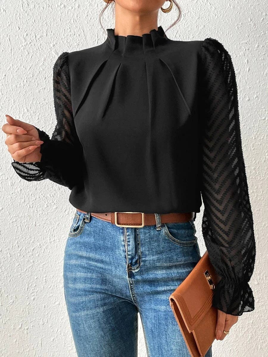 Mock Neck Chiffon Blouse Lace Sleeve Elegant Work Top