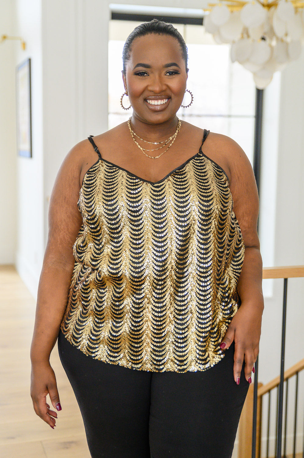 Stayin' Alive V-Neck Sequin Tank in Gold