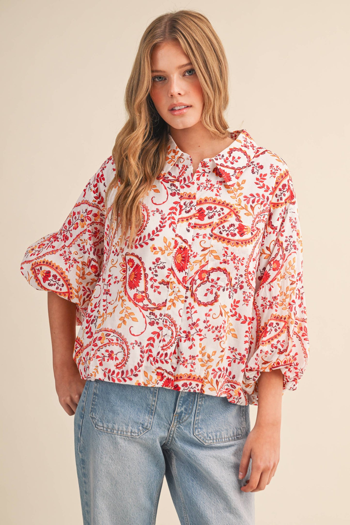 EXCLUSIVE PAISLEY PRINT BUTTON DOWN BUBBLE SLV TOP MTP4568