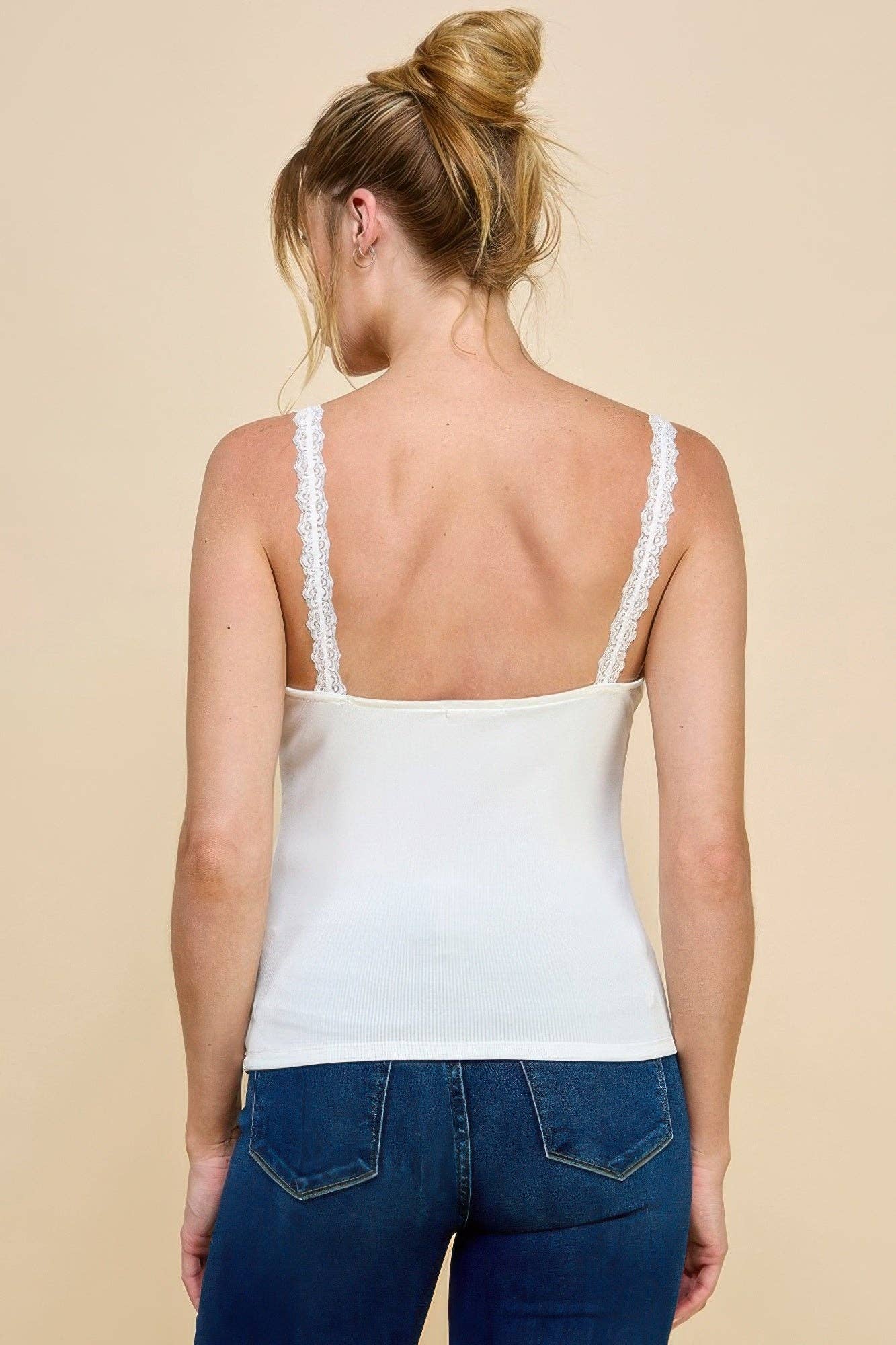 Ribbed V-neck Lace Trim With Strap Tank Top