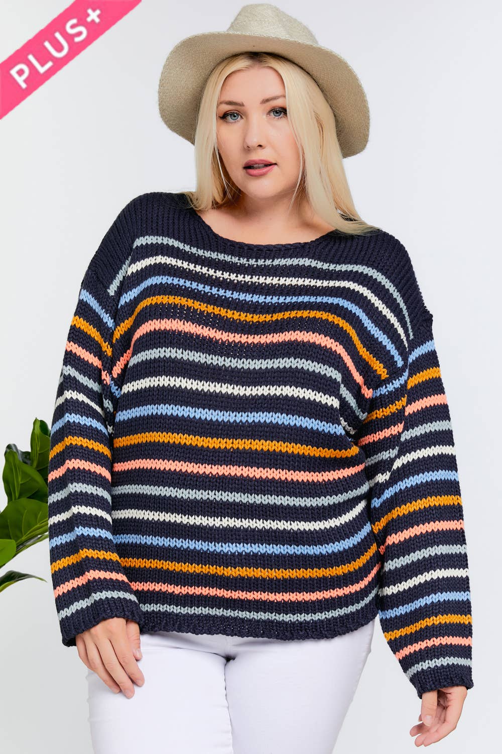 PLUS STRIPE ROUND NECK LONG SLEEVE SWEATER - Acrylic