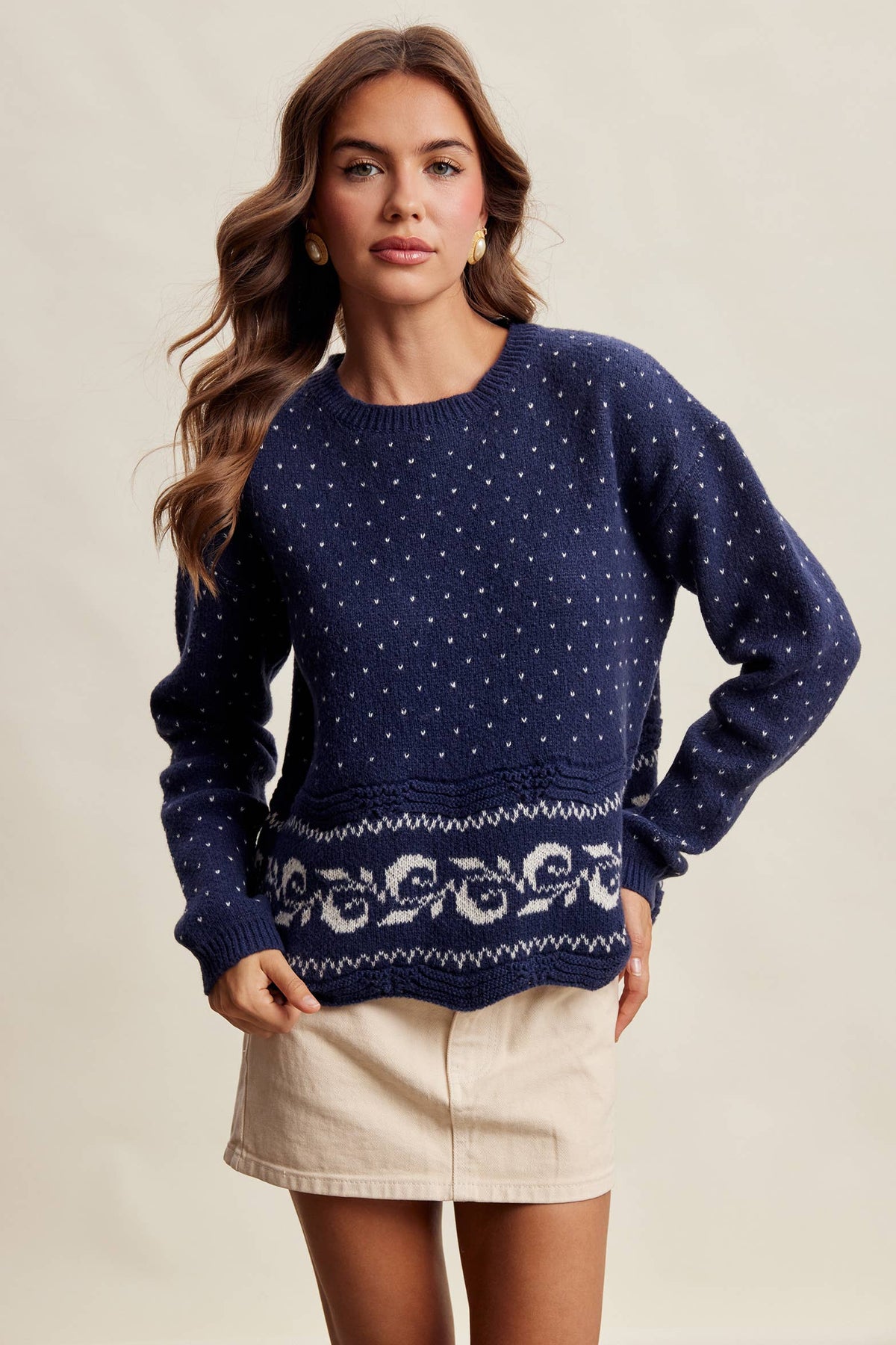Swiss Dot Border Knit Sweater LSW1092