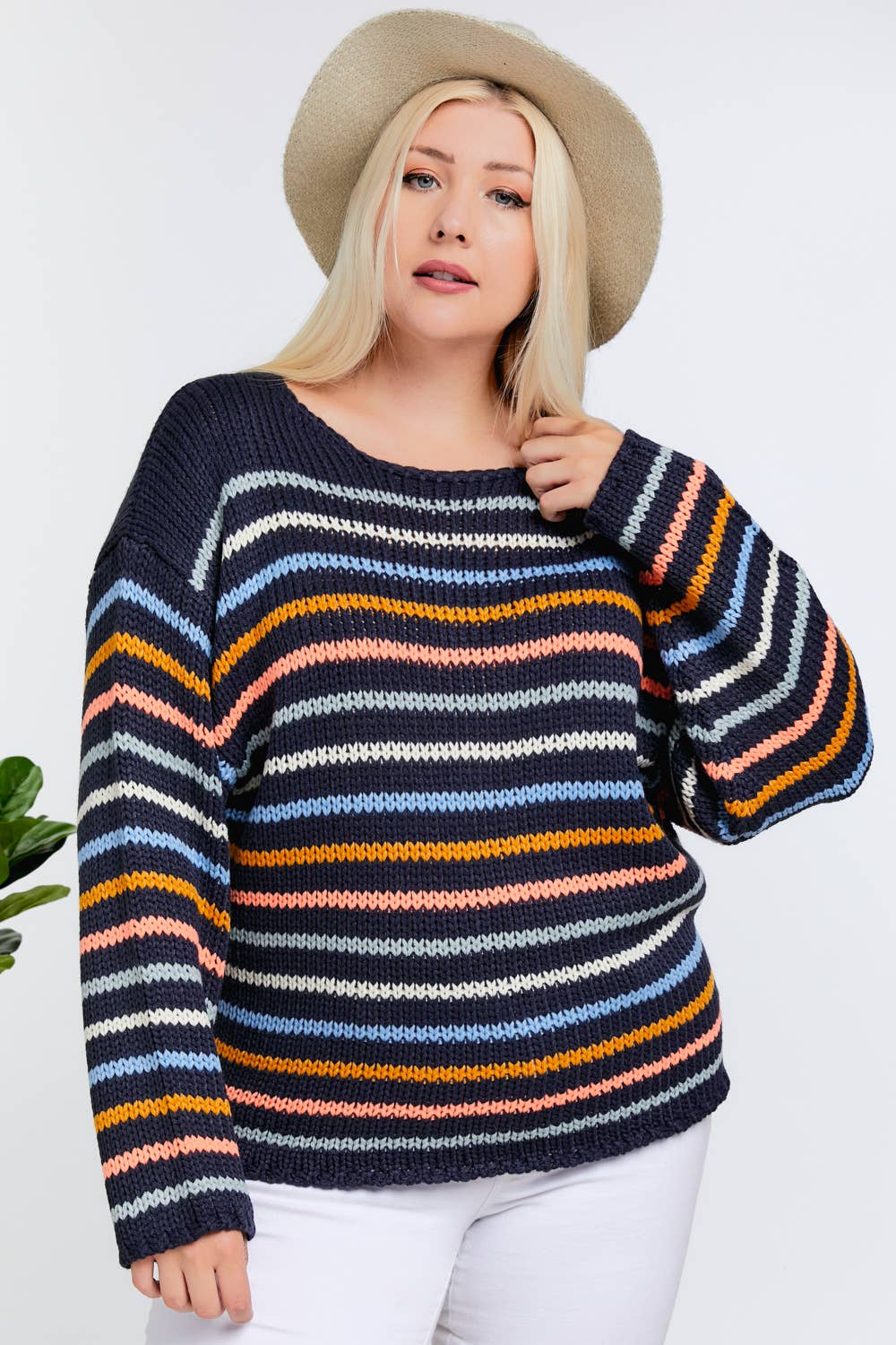 PLUS STRIPE ROUND NECK LONG SLEEVE SWEATER - Acrylic