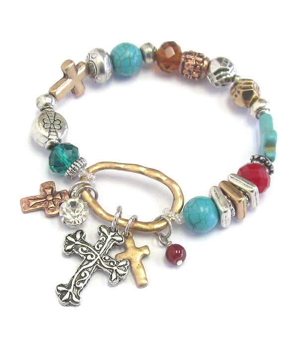 ( T345 )  MULTI CROSS CHARM AND BEAD STRETCH BRACELET