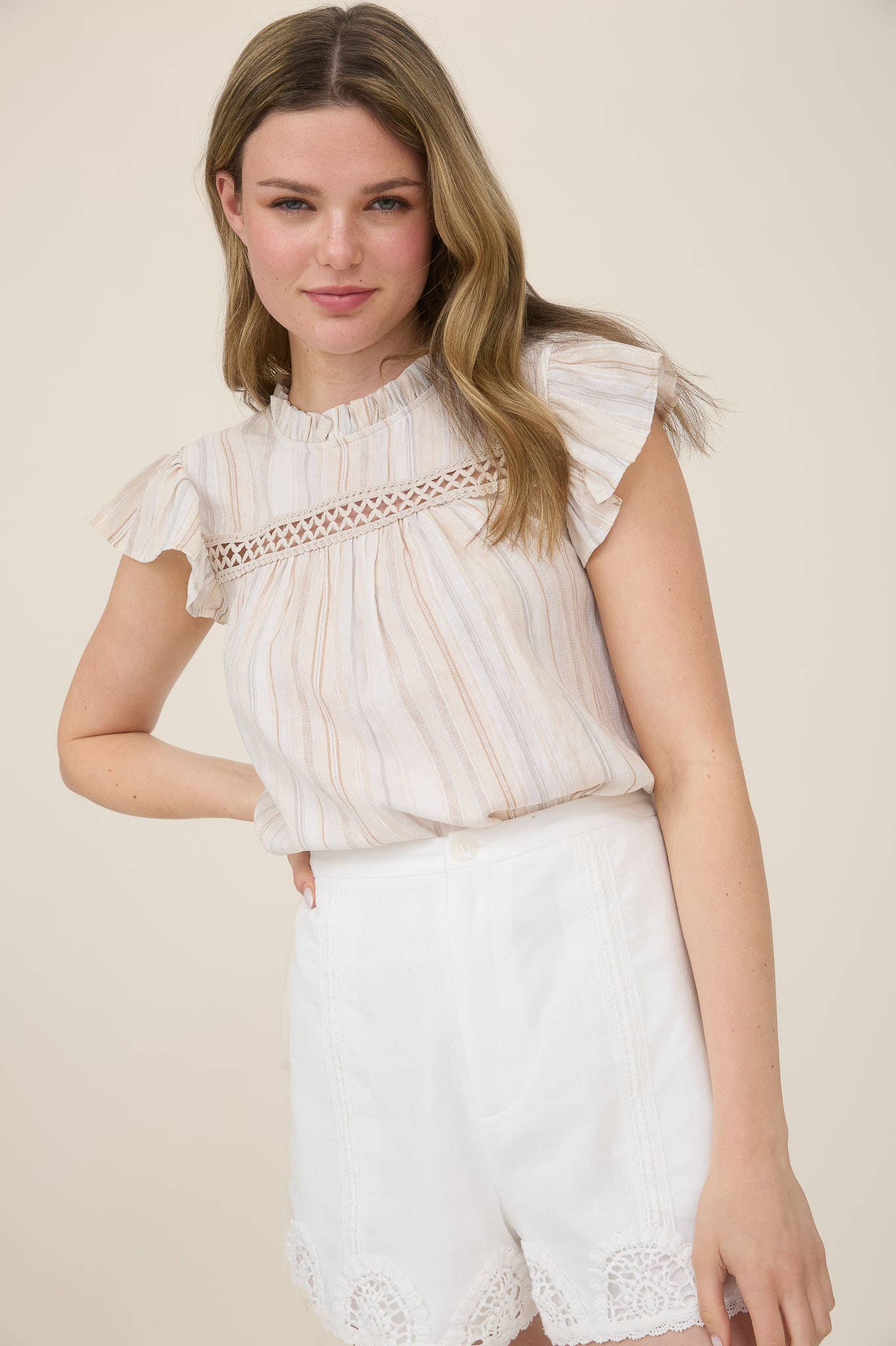 MULTICOLOR STRIPE LACE TRIM RUFFLE SLEEVE TOP