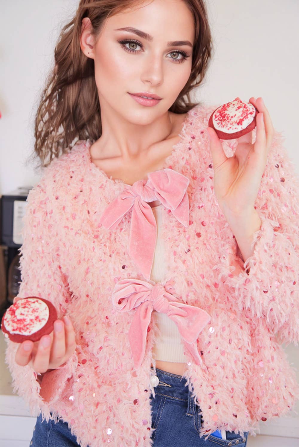 NJ90462-Sequin Textured Holiday Jacket W/ Front Tie