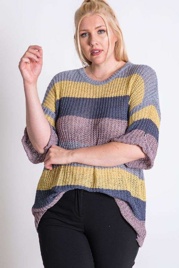 PLUS COLORBLOCK STRIPE THICK COZY KNIT SWEATER