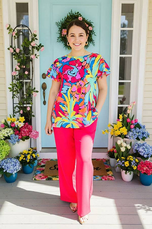 Floral printed top & pink straight women's set XCH15734