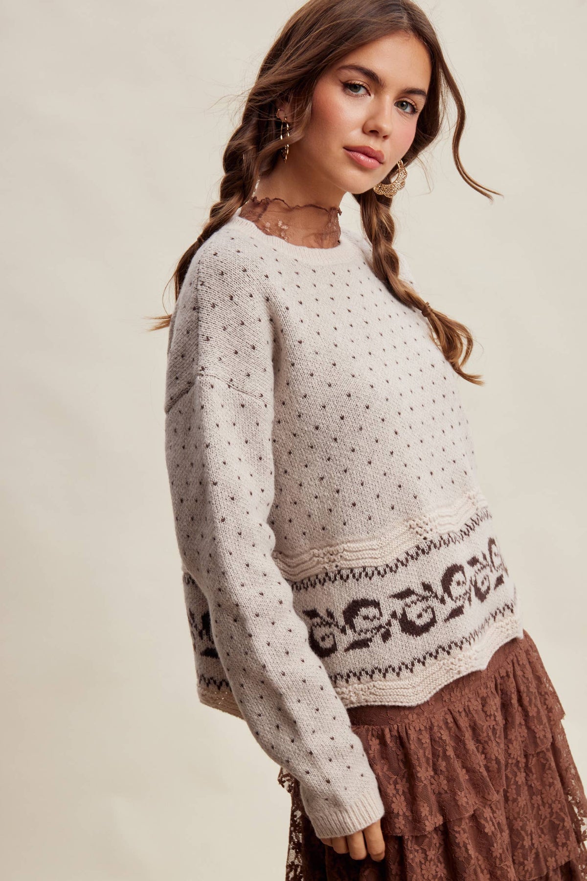 Swiss Dot Border Knit Sweater LSW1092