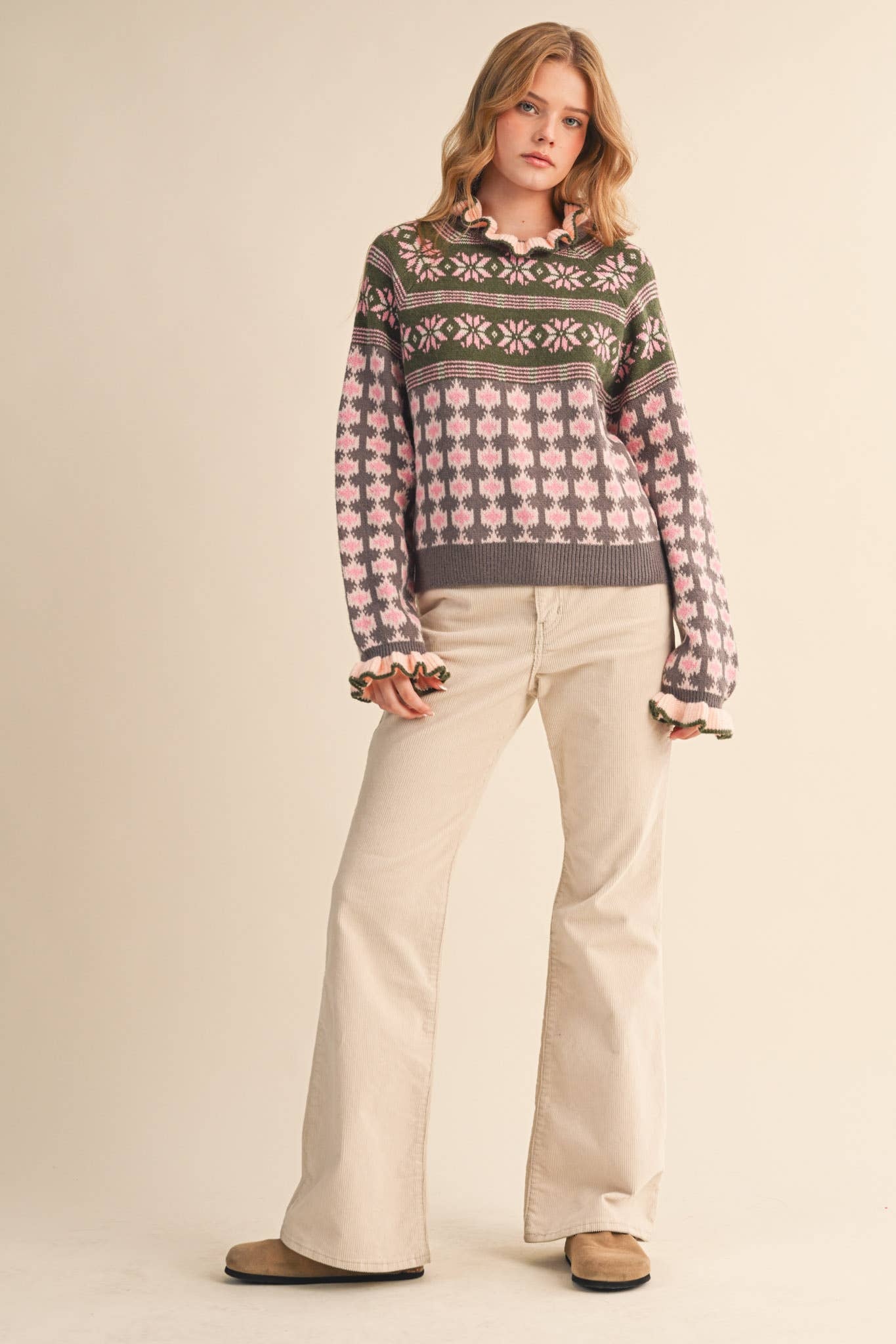 RUFFLED MOCK NECK FAIR ISLE SWEATER MSW10961
