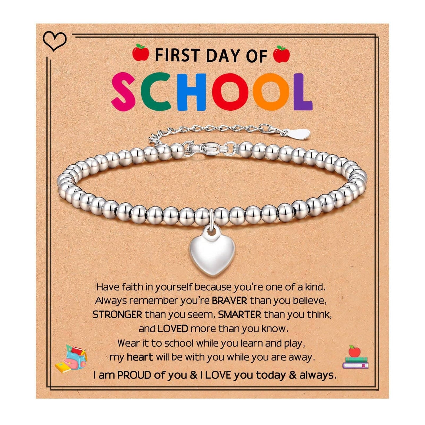 Heart Charm Stainless Steel Bracelet with Blessing Cards