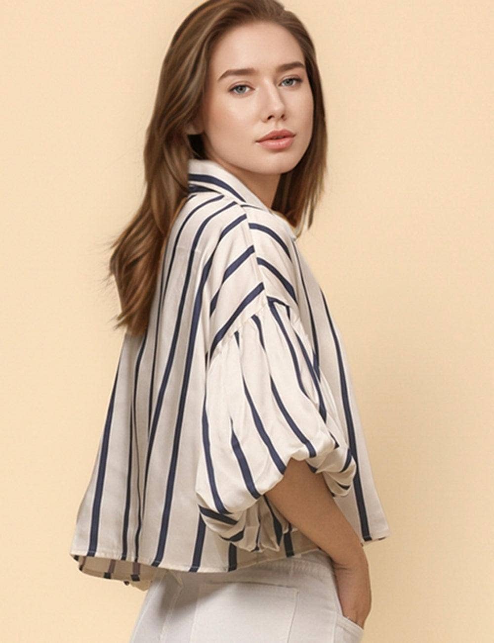 Ladies Lantern Sleeve Striped Short Shirt