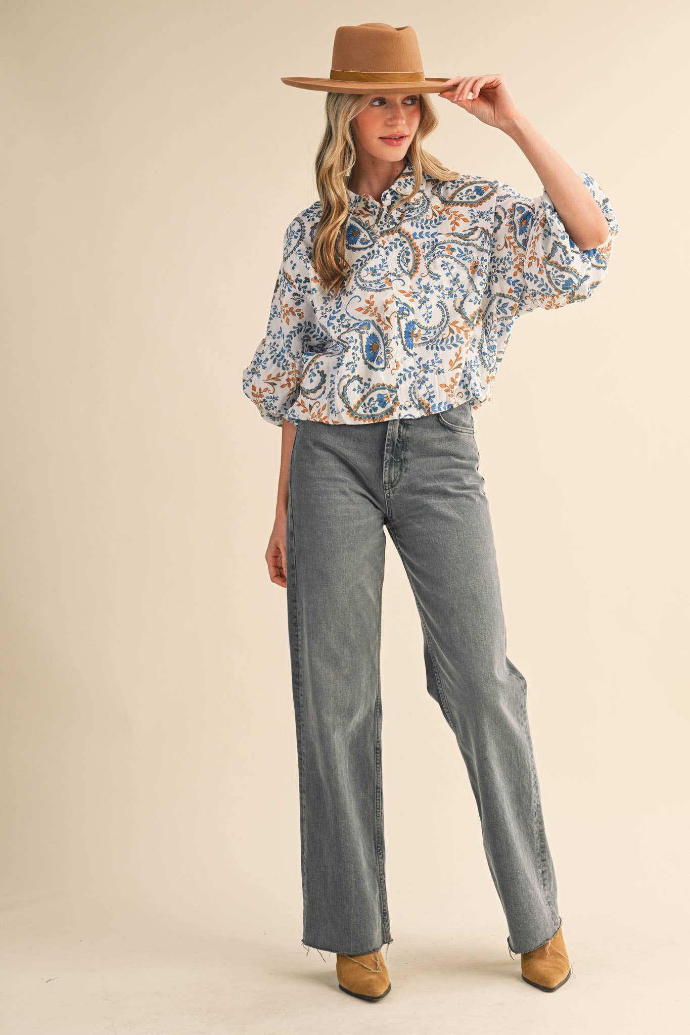 EXCLUSIVE PAISLEY PRINT BUTTON DOWN BUBBLE SLV TOP MTP4568