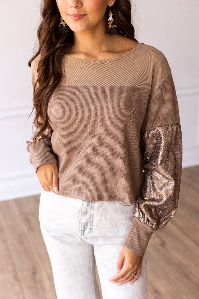 Tan Waffle Knit Top with Mesh and Sequin Details