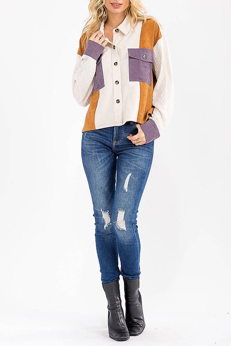 BUTTON UP FRONT POCKET COLORBLOCK CORDUROY TOP
