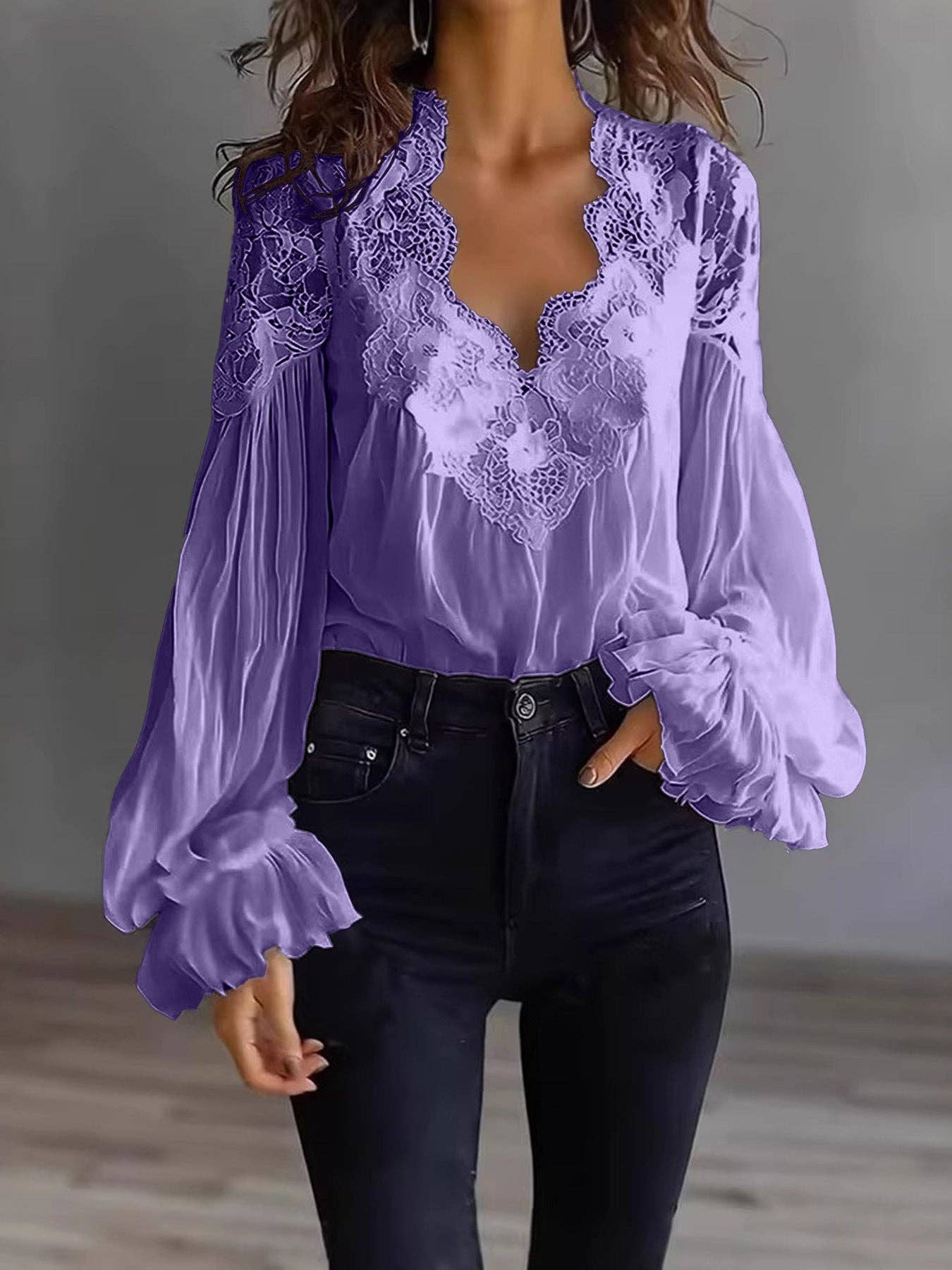 Embroidered Lace V Neck Balloon Sleeve Blouse