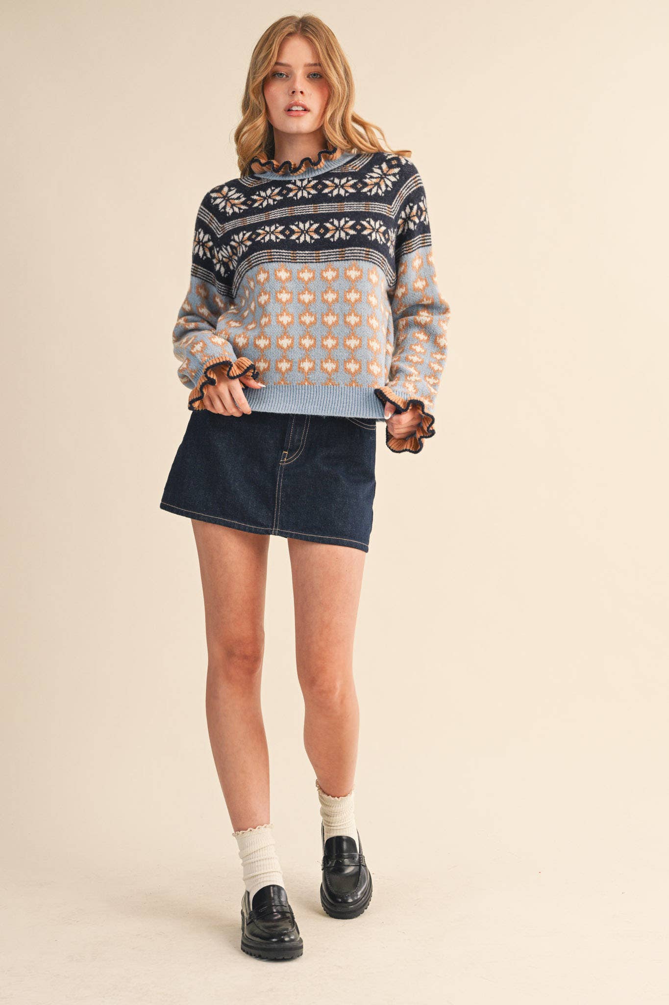 RUFFLED MOCK NECK FAIR ISLE SWEATER MSW10961