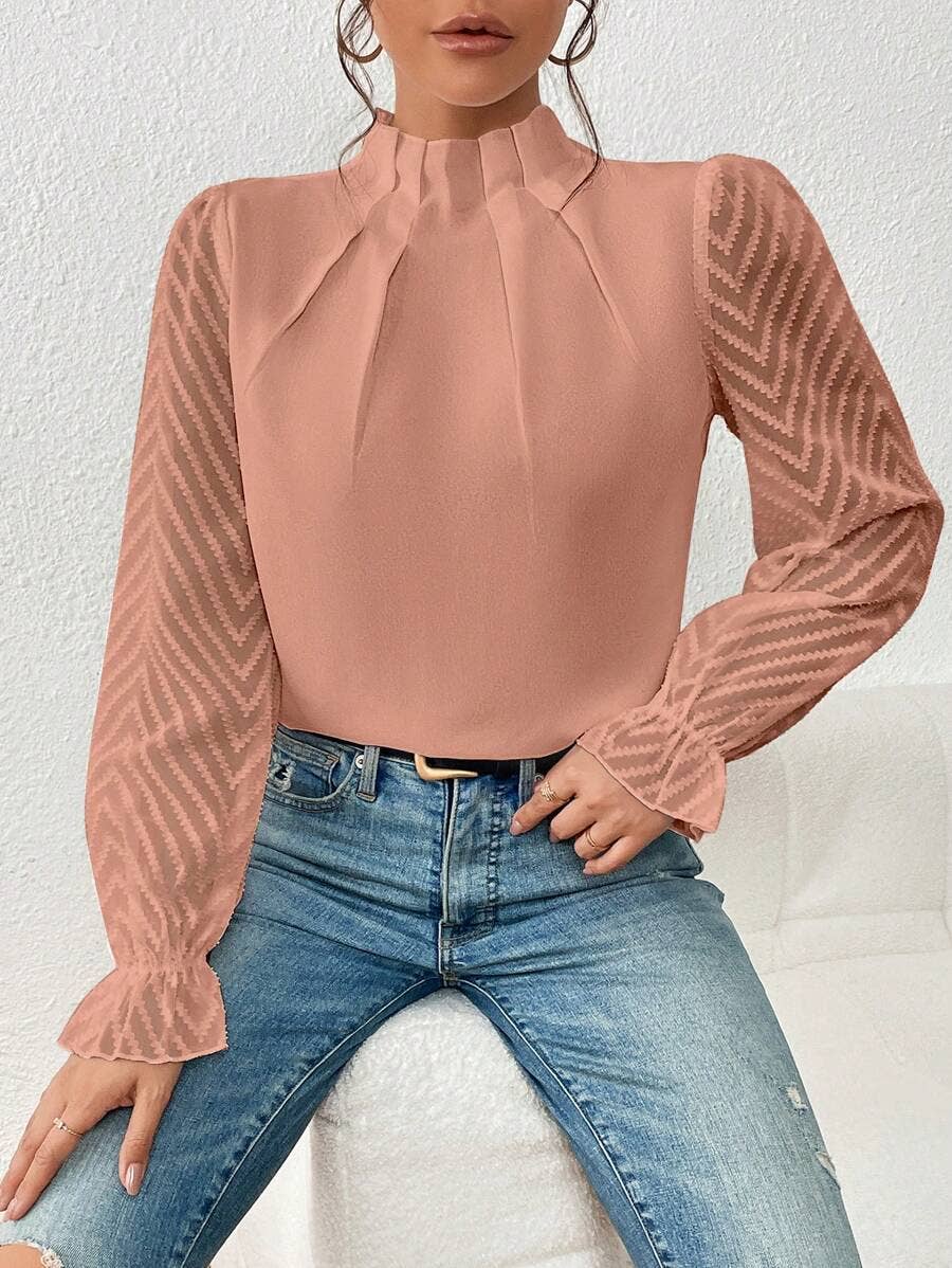 Mock Neck Chiffon Blouse Lace Sleeve Elegant Work Top