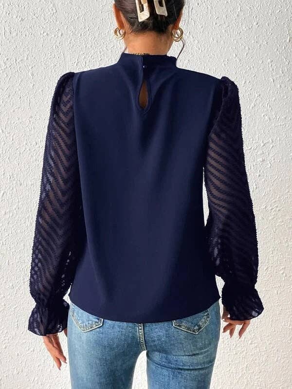 Mock Neck Chiffon Blouse Lace Sleeve Elegant Work Top