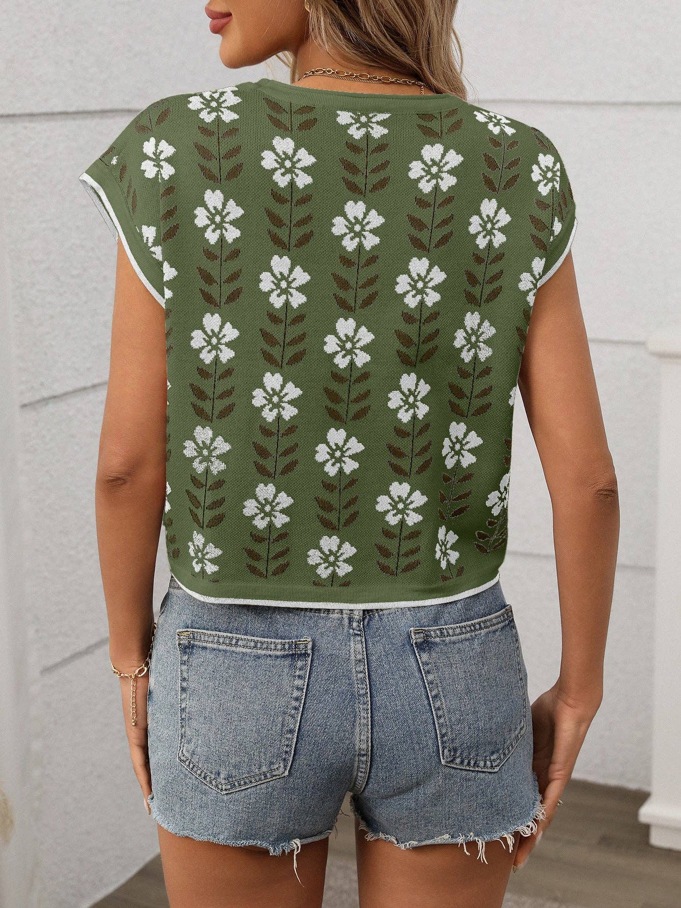 Women’s Vintage Floral Knit Crop Top Cap Sleeve Tee