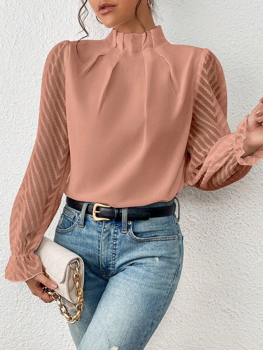Mock Neck Chiffon Blouse Lace Sleeve Elegant Work Top
