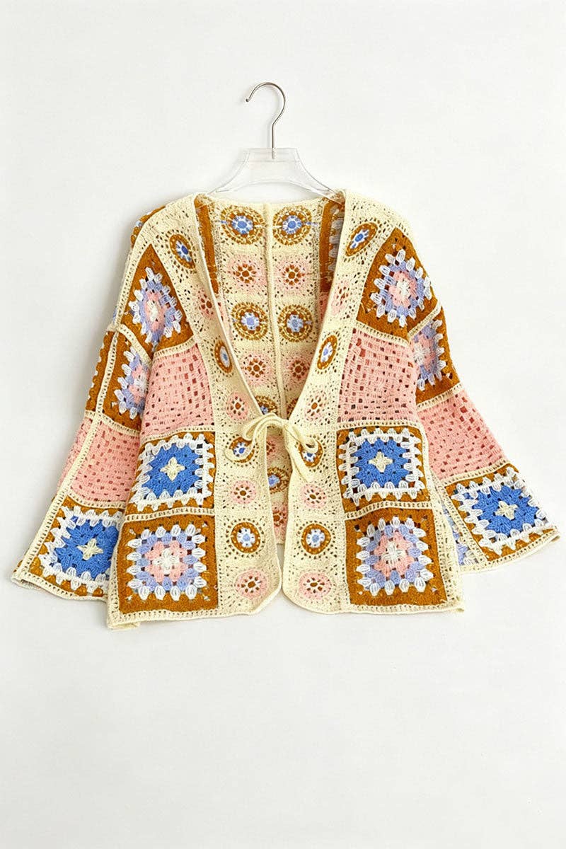 Crochet Patchwork Open Front Bell Sleeve Cardigan