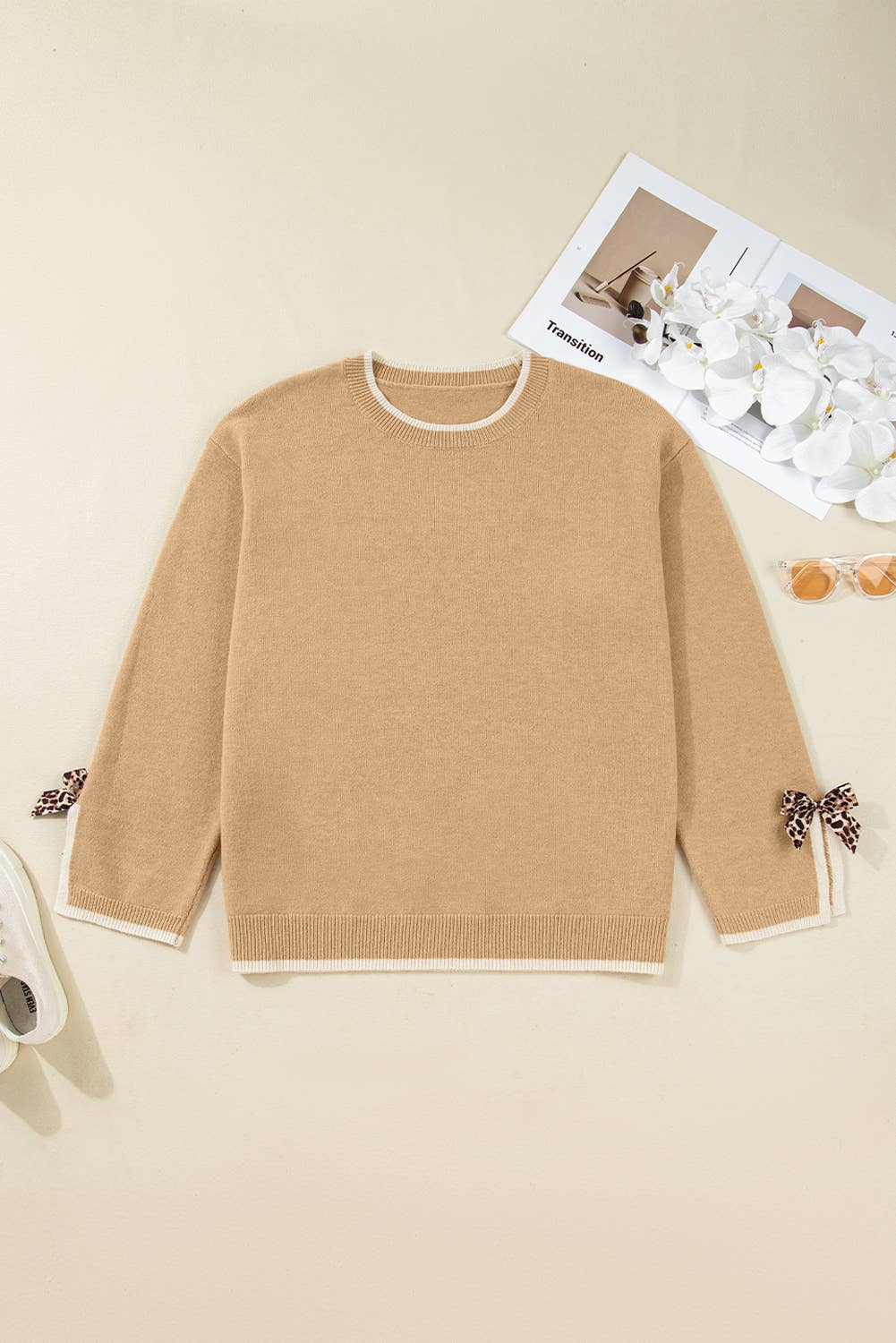 Leopard Bow Decor Split Cuff Plus Size Trim Sweater (S-4X)